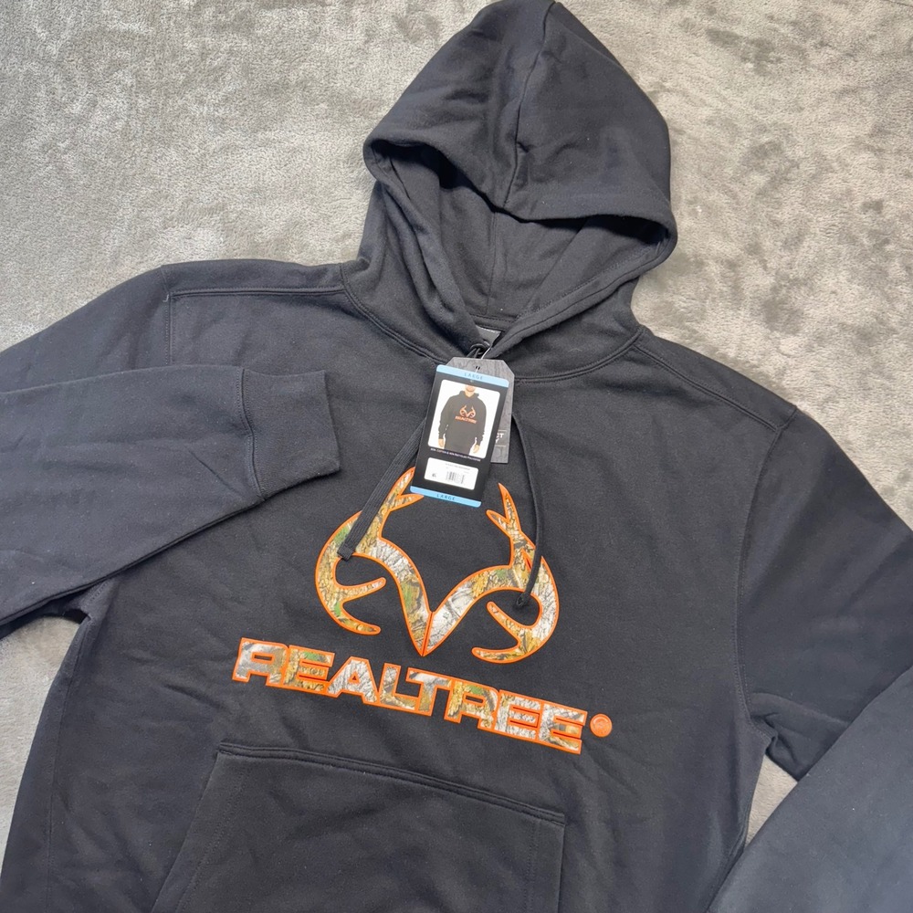 Realtree Black Camo Logo Hoodie Mens Large Sweatshirt‎ Pullover Hunting New